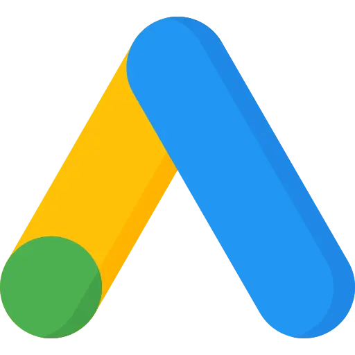 logo of Google Adwords with a blue and yellow angle object with a green circle