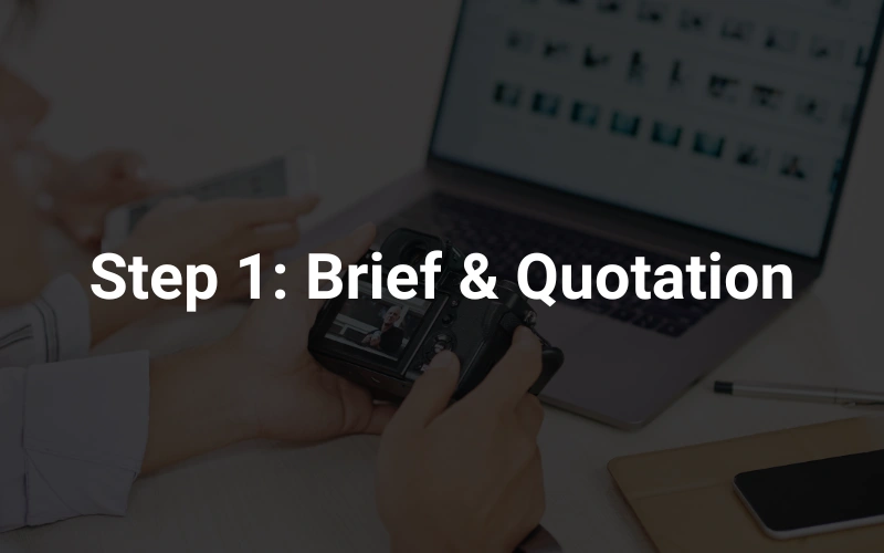 a person holding a cell phone next to a laptop in the background, highlighting the text "Brief & Quotation."