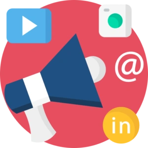 a red circle with a blue and white megaphone and social media icons around it describing Digital Marketing services