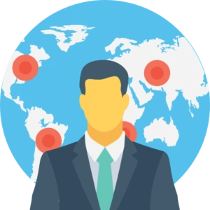 a man in a suit and tie standing in front of a world map showcasing International SEO