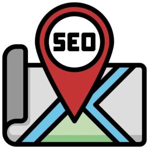 a map with a pin on it with SEO text