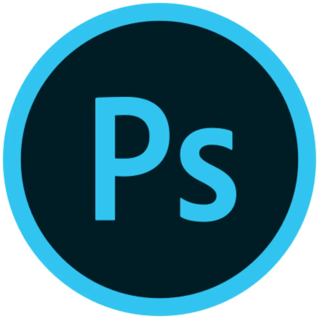 a black and blue logo of Photoshop circle with the letter "Ps" in it which is used for photo editing