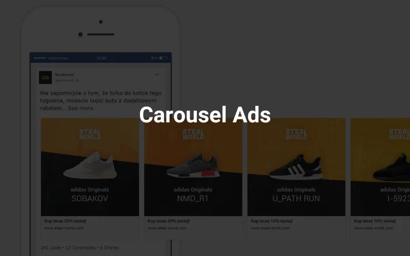 A cell phone screen is showing carousal ads.