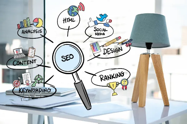 a desk with a lamp shade and a drawing of a magnify with different icons used for SEO surrounding it