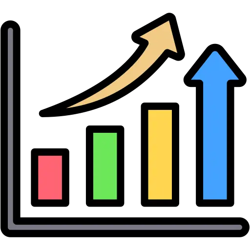 a bar chart with an arrow going up