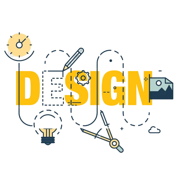 The word "DESIGN" is illustrated with various design tools integrated into the letters, including a clock, pencil, gear, lightbulb, compass, and blueprint.