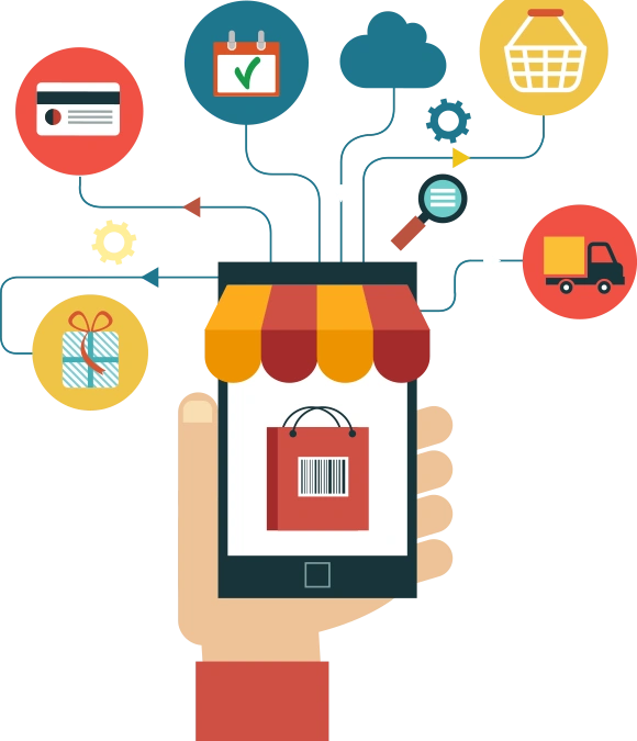 a hand holding a smart phone with icons used for ecommerce surrounding it