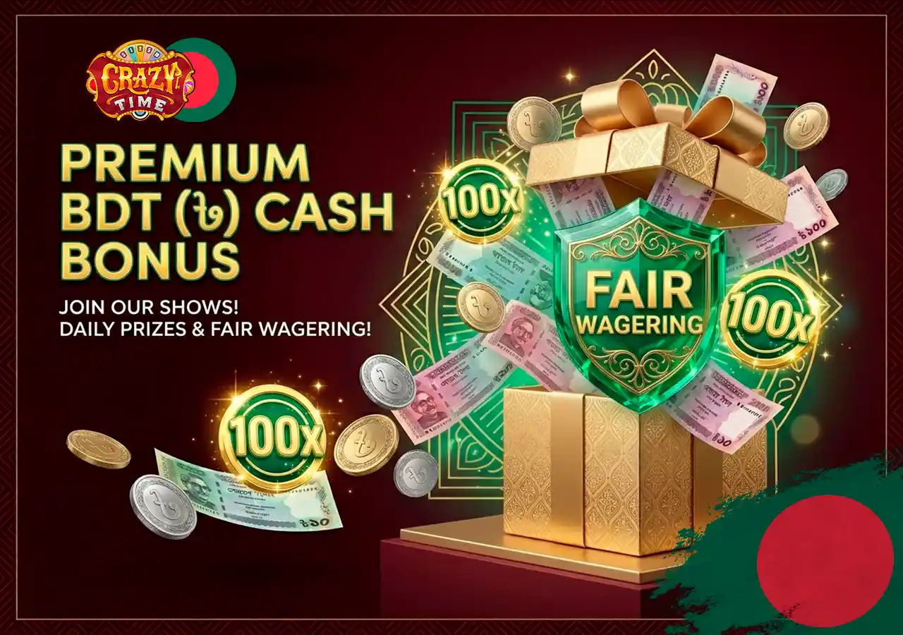 Welcome deposit bonus gift box with transparent BDT wagering terms for live casino